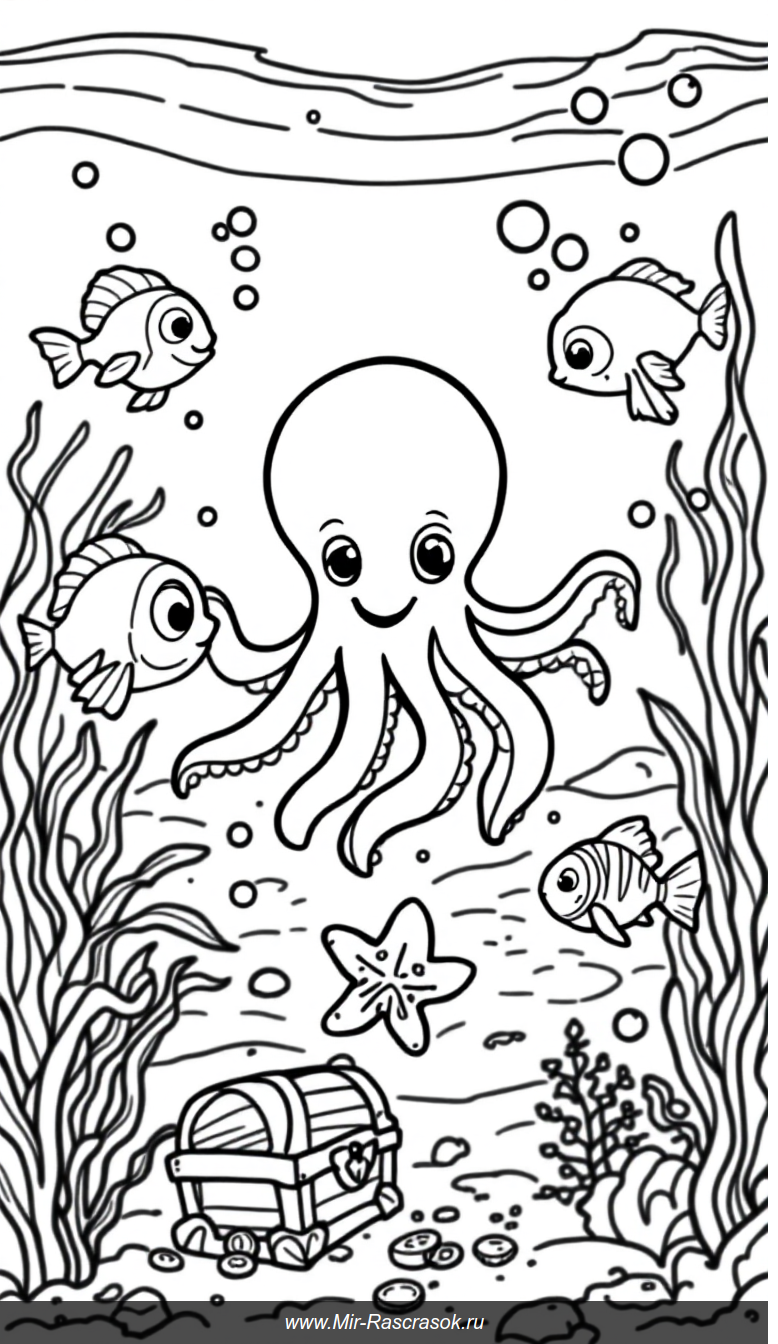 Подводный мир для раскраски с веселым осьминогом и дружелюбными рыбками