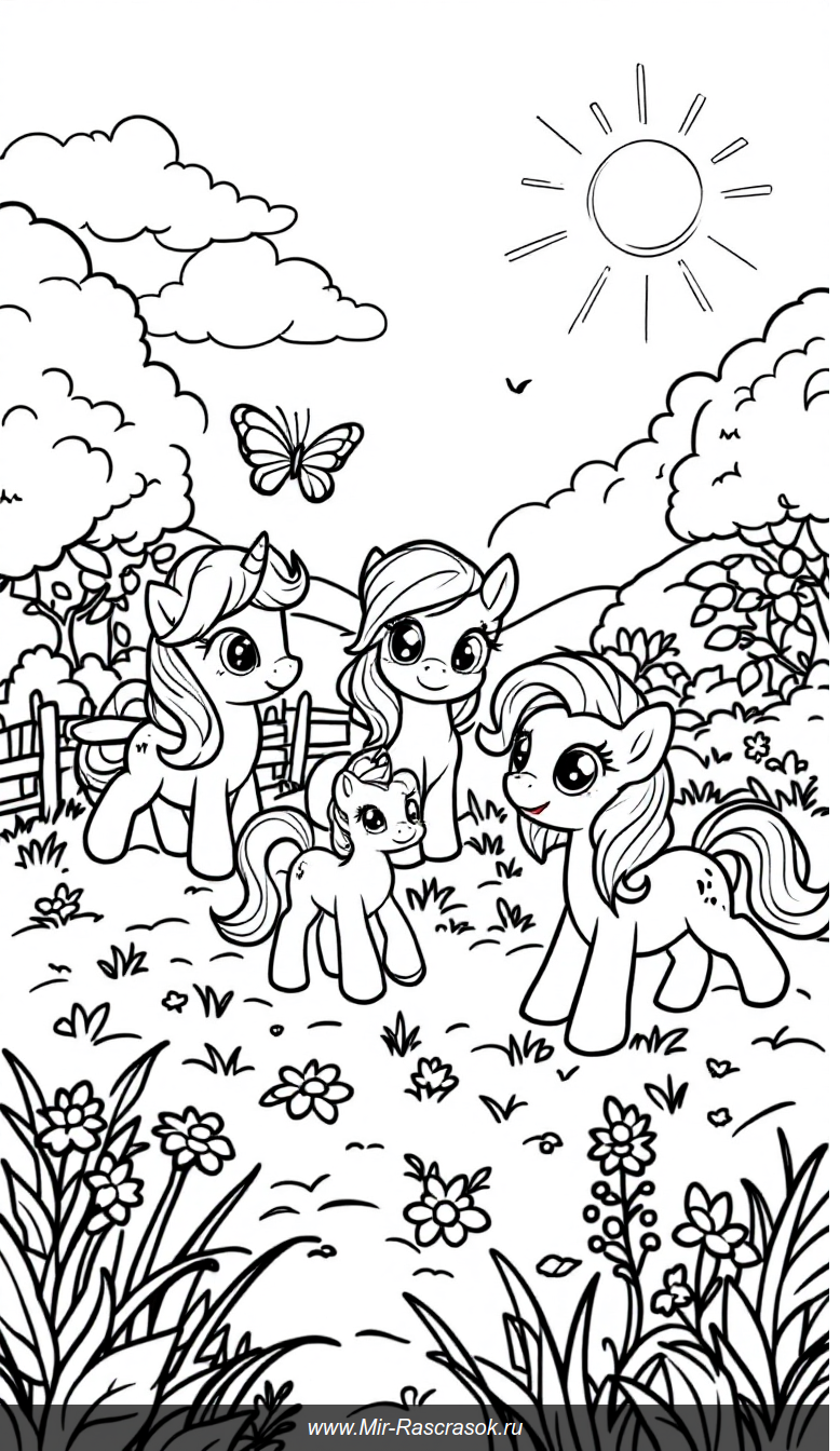Раскраска с милыми пони на солнечной лужайке для детей