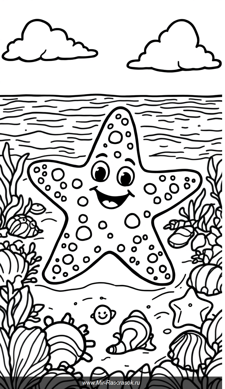 Веселая морская раскраска с улыбающейся морской звездой и ракушками для детей