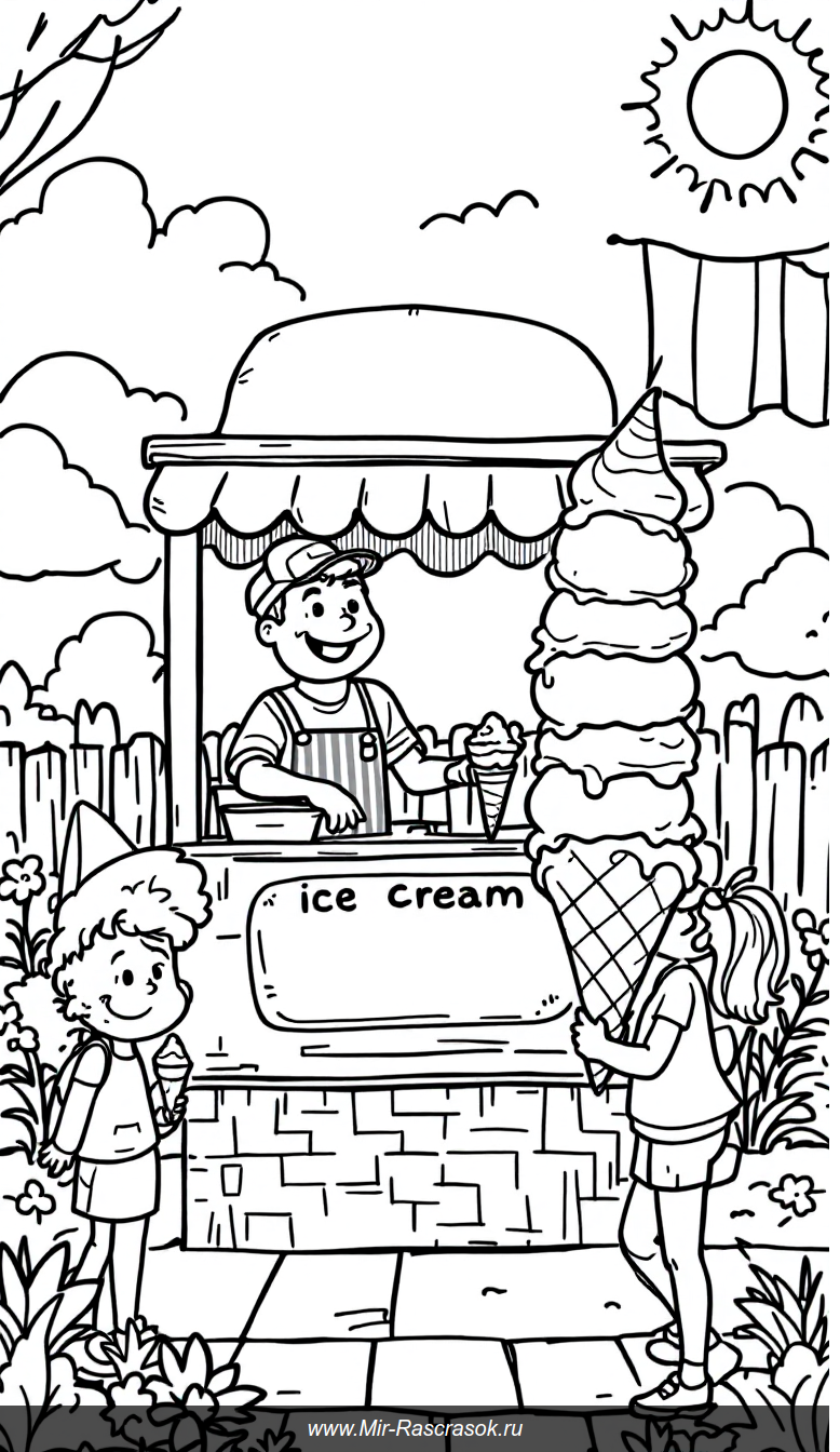 Веселый день у палатки с мороженым для раскрашивания детям