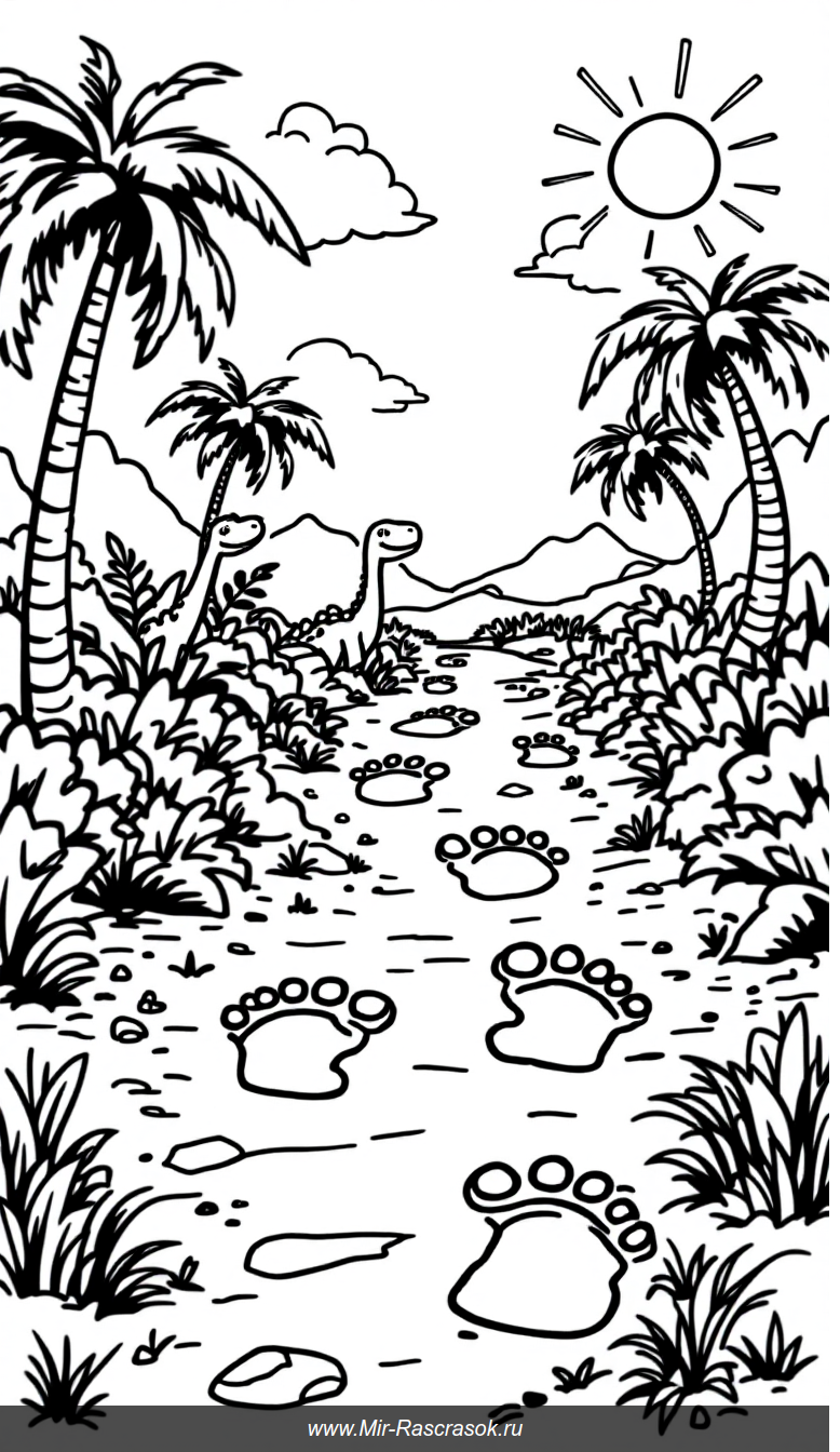 Дружелюбный динопарк в раскраске для детей на доисторическом пути
