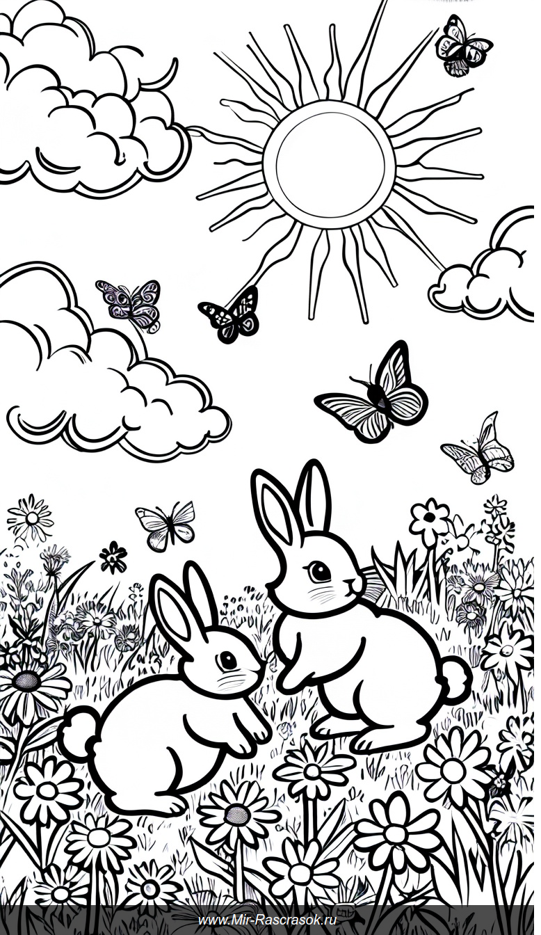 Маленькие кролики скачут по цветущему лугу на фоне солнца и бабочек