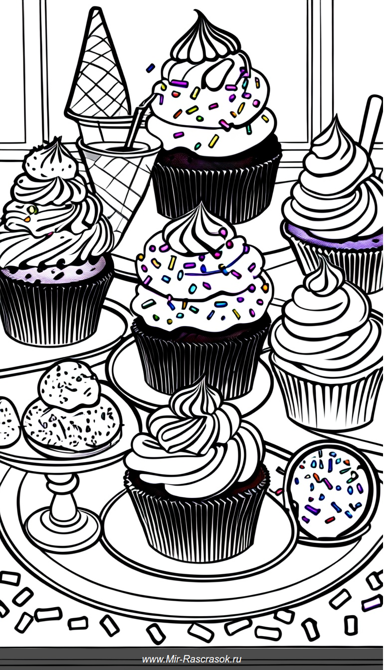 Раскраска с милыми кексами мороженым и снеками на уютном столе