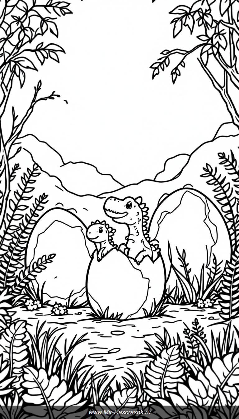 Погрузитесь в волшебный мир яиц динозавров с нашей раскраской 🦕 Веселая и простая сцена с мамой динозавром и её яйцами подарит радость детям 🎨 Развивайте моторику и фантазию вместе с нашим детским контентом 🖍️ Отличный способ узнать о прошлом планеты и провести время с пользой 🌿