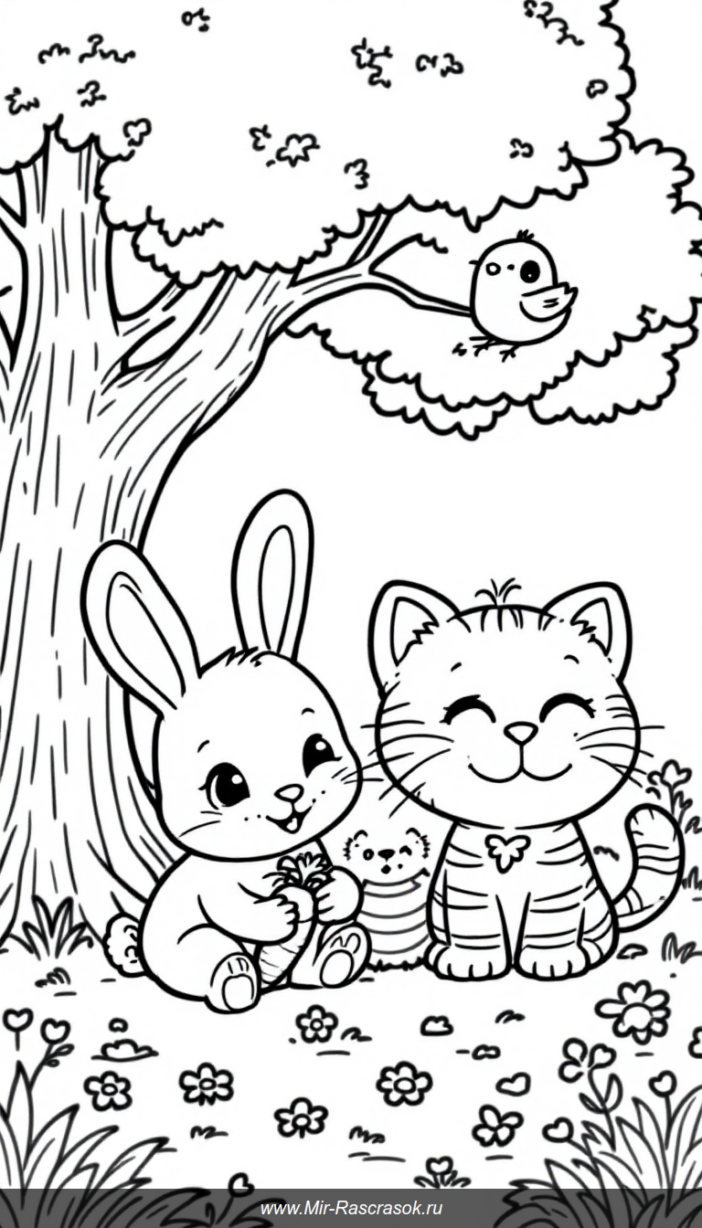 Раскрашивайте с удовольствием милых животных 🐰🐱🐦 в простой и приятной сцене для детей 🌳🌸 идеальная раскраска для малышей развивает моторику и фантазию 🎨✨ выбирайте веселые картинки и создавайте яркие истории каждый день