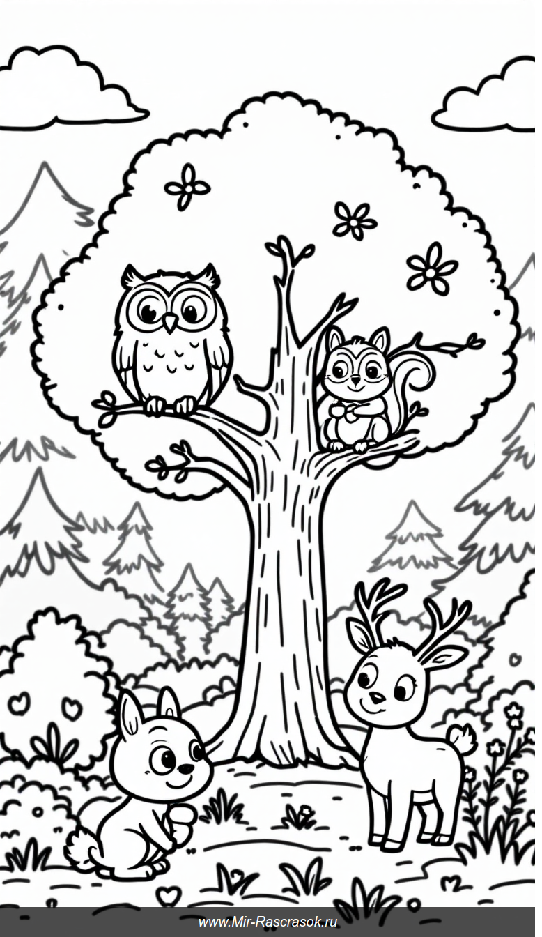 Веселый лес: раскраска с дружелюбными животными для детей