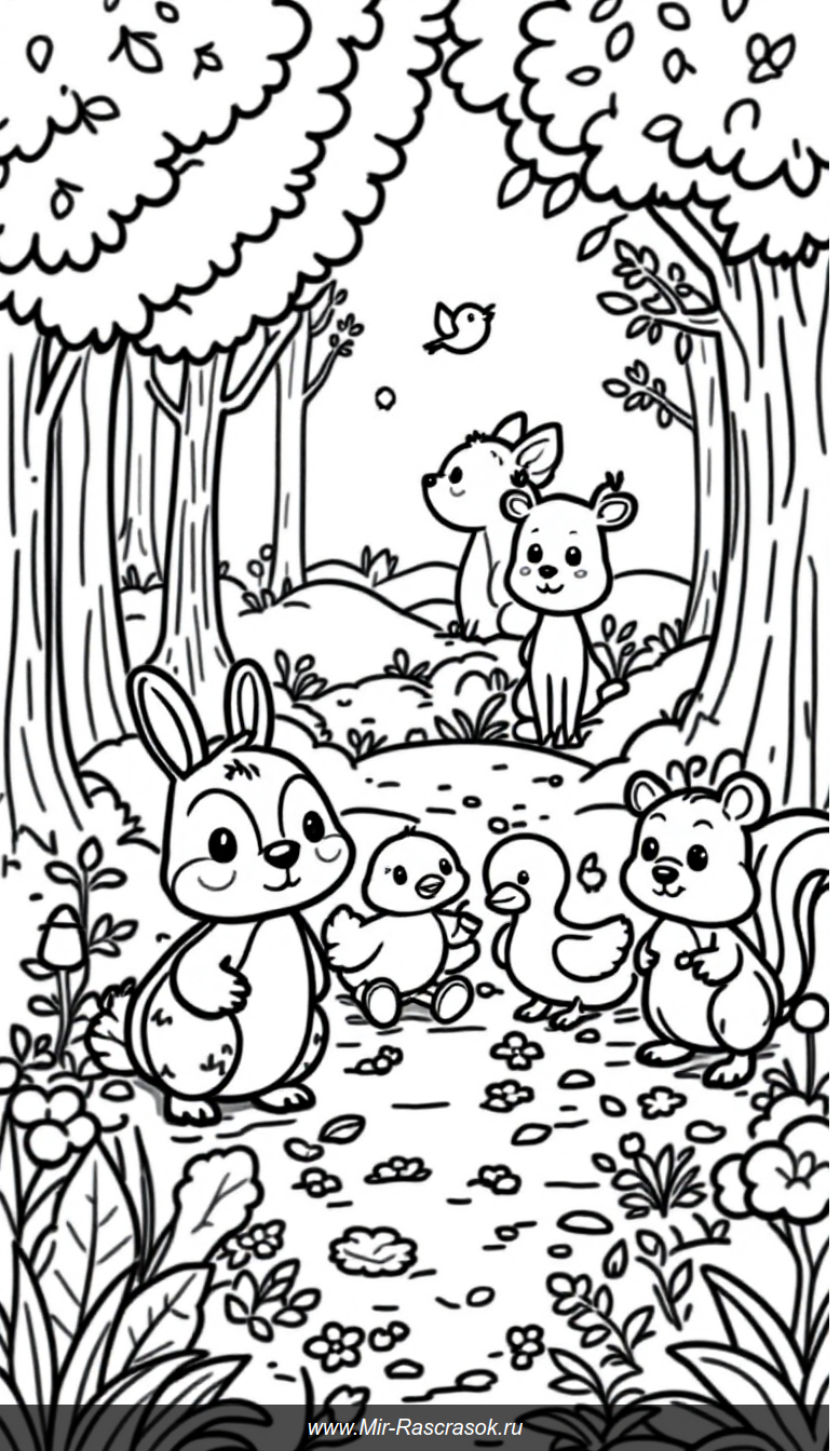 Весёлый лесной уголок с милыми зверятами для детской раскраски