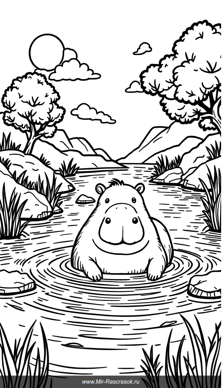 Веселая капибара на реке Раскраска для детей с простыми контурами