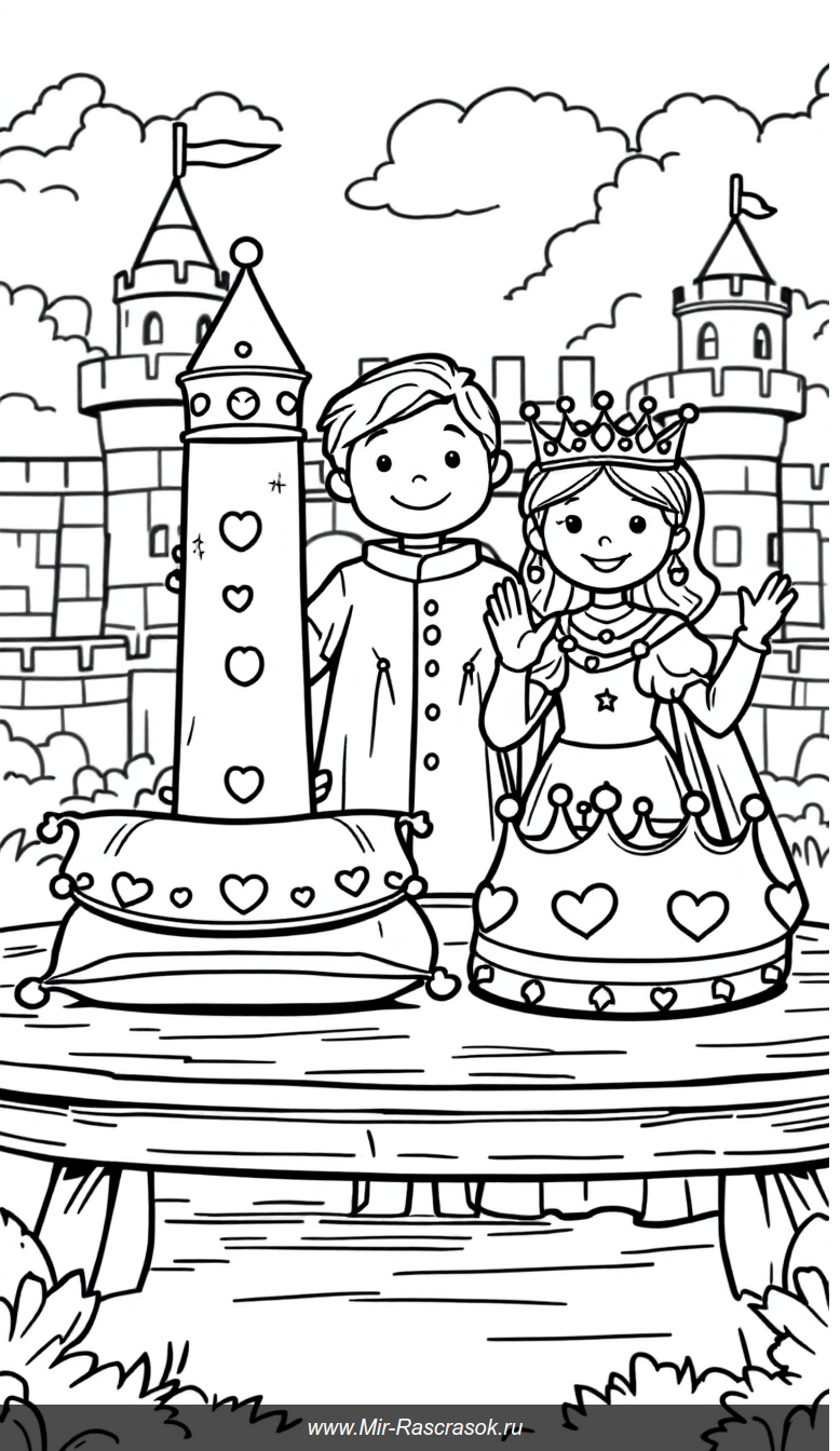 Волшебное королевство для раскрашивания с коронами и принцем