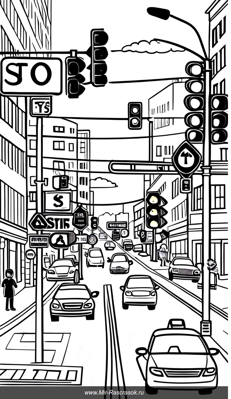 Раскраска для детей с улицей и дорожными знаками для творчества и обучения