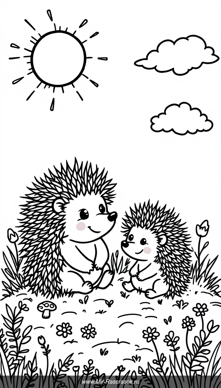 Откройте для детей мир маленьких ёжиков в раскрасках где простые и милые сцены с ёжиками на лужайке с цветами и грибами создадут радость творчества и помогут развивать моторику и воображение 🌸🍄🌞✏️