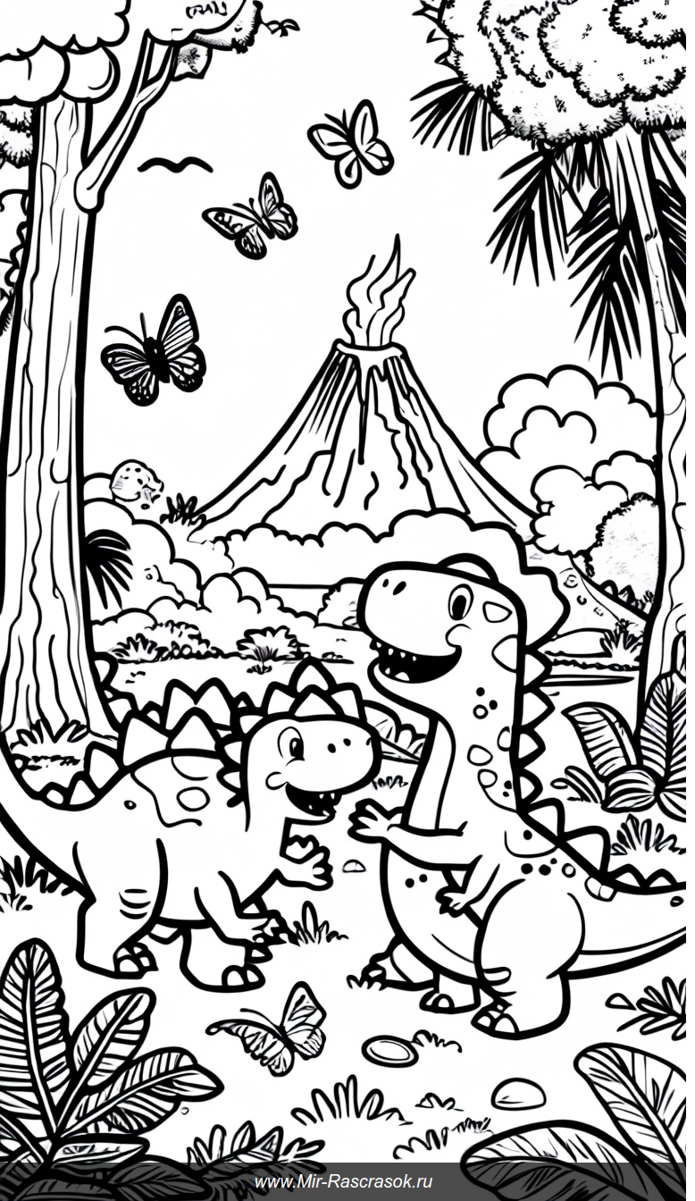 Раскраска с веселыми динозаврами в доисторическом джунглях для детей