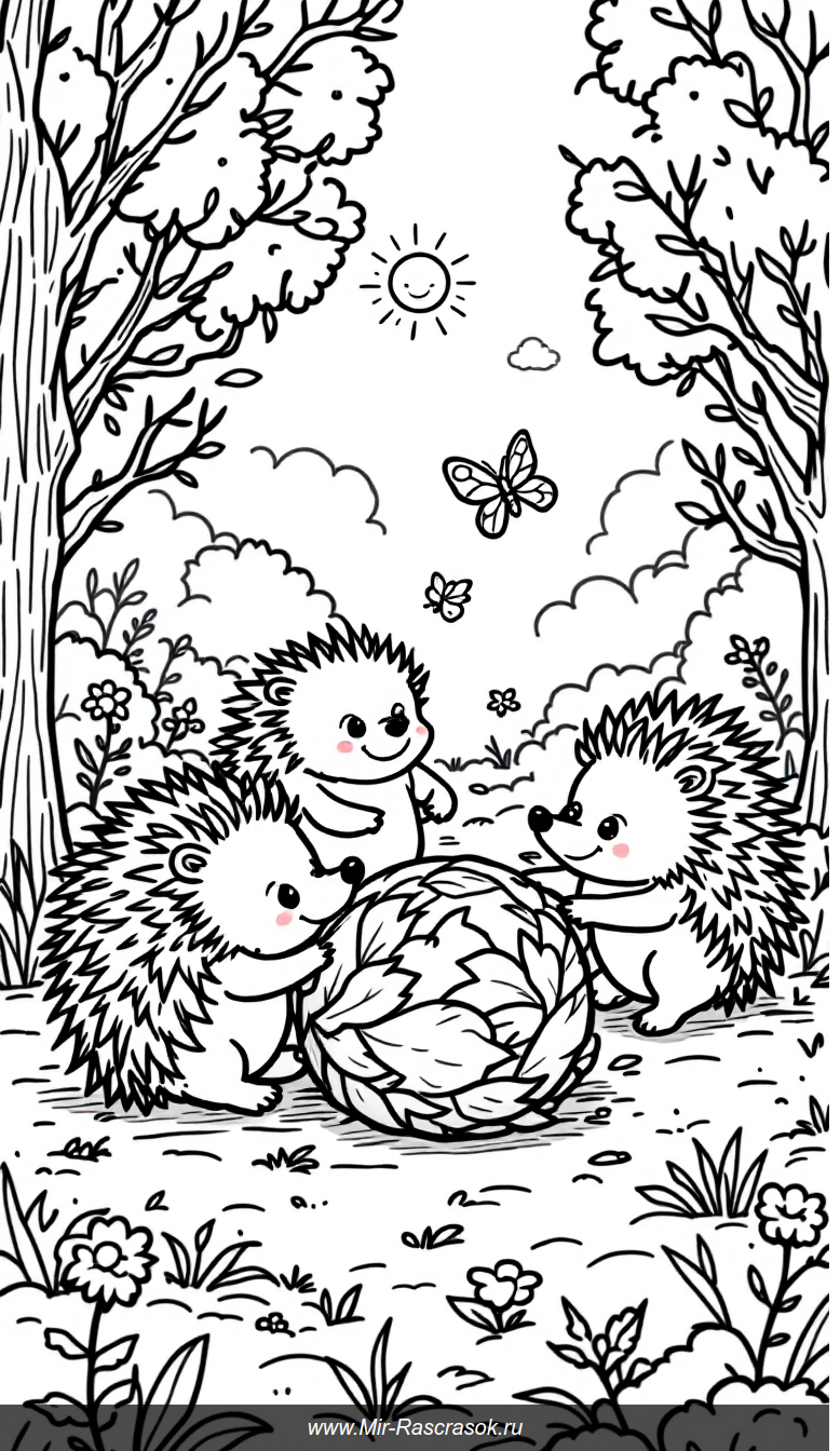 Веселые ёжики и осенний лес для раскрашивания