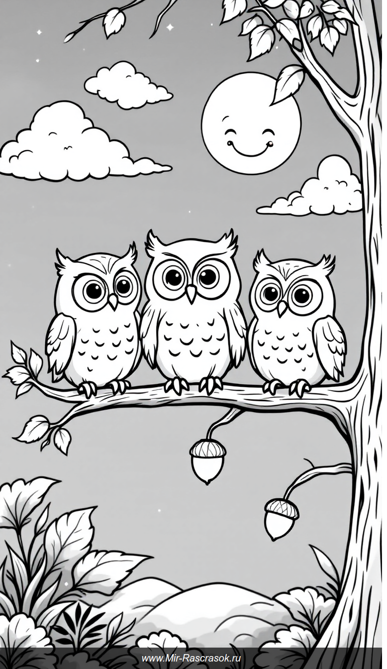 Раскраска для детей с тремя совами на ветке под улыбчивой луной