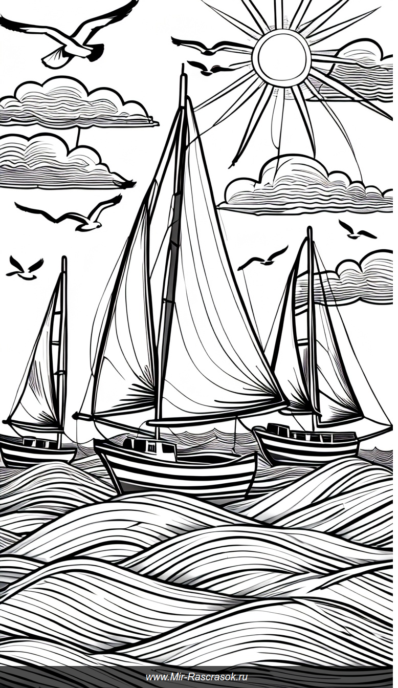 Раскраска с парусниками на волнах под солнцем и чайками в небе