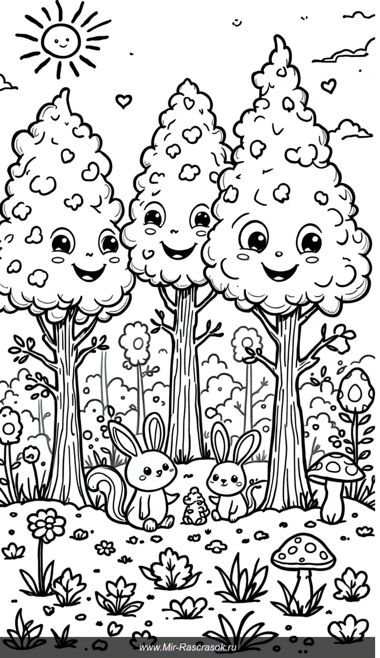 Веселый лесной мир для раскрашивания с добрыми деревьями и играющими животными