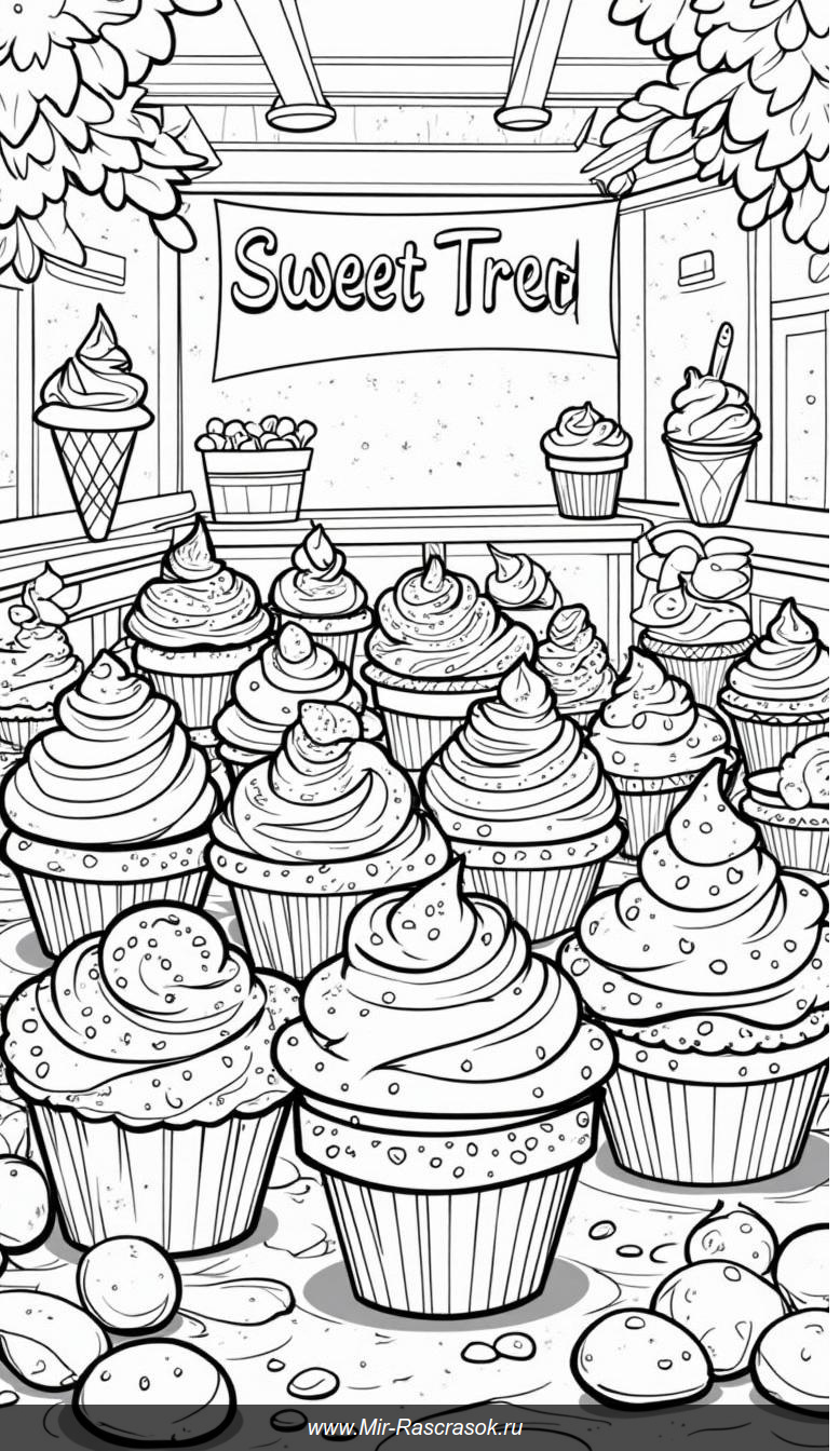 Волшебные сладости в раскраске сказочной пекарни
