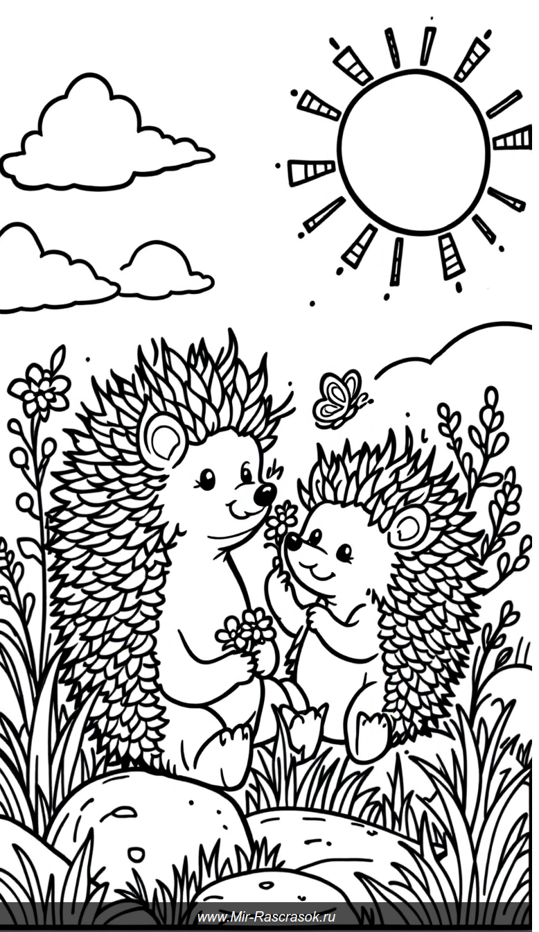 Веселые ежики на солнечной поляне раскраска для детей