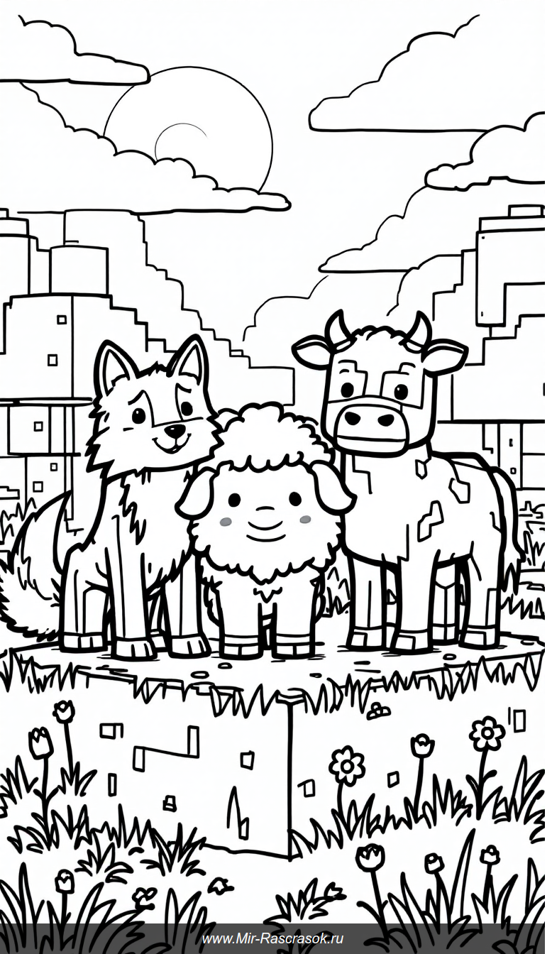 Дружные животные в стиле Майнкрафт для детской раскраски