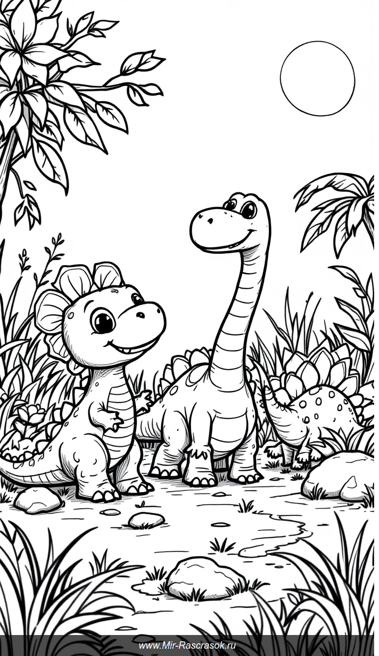 Веселые малышки динозавры играют в доисторическом саду для раскраски