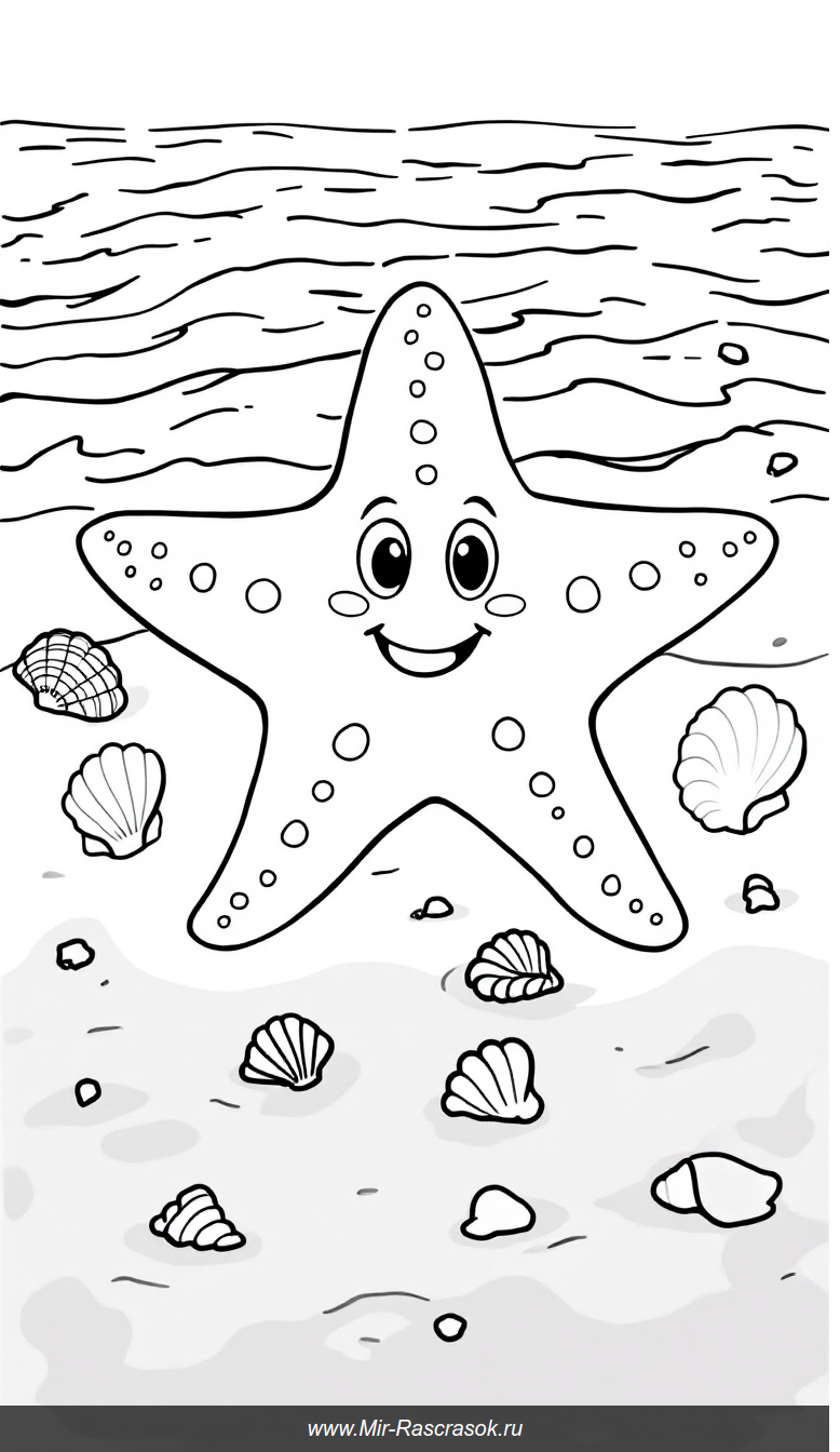 Веселая морская раскраска с улыбающейся морской звездой и ракушками