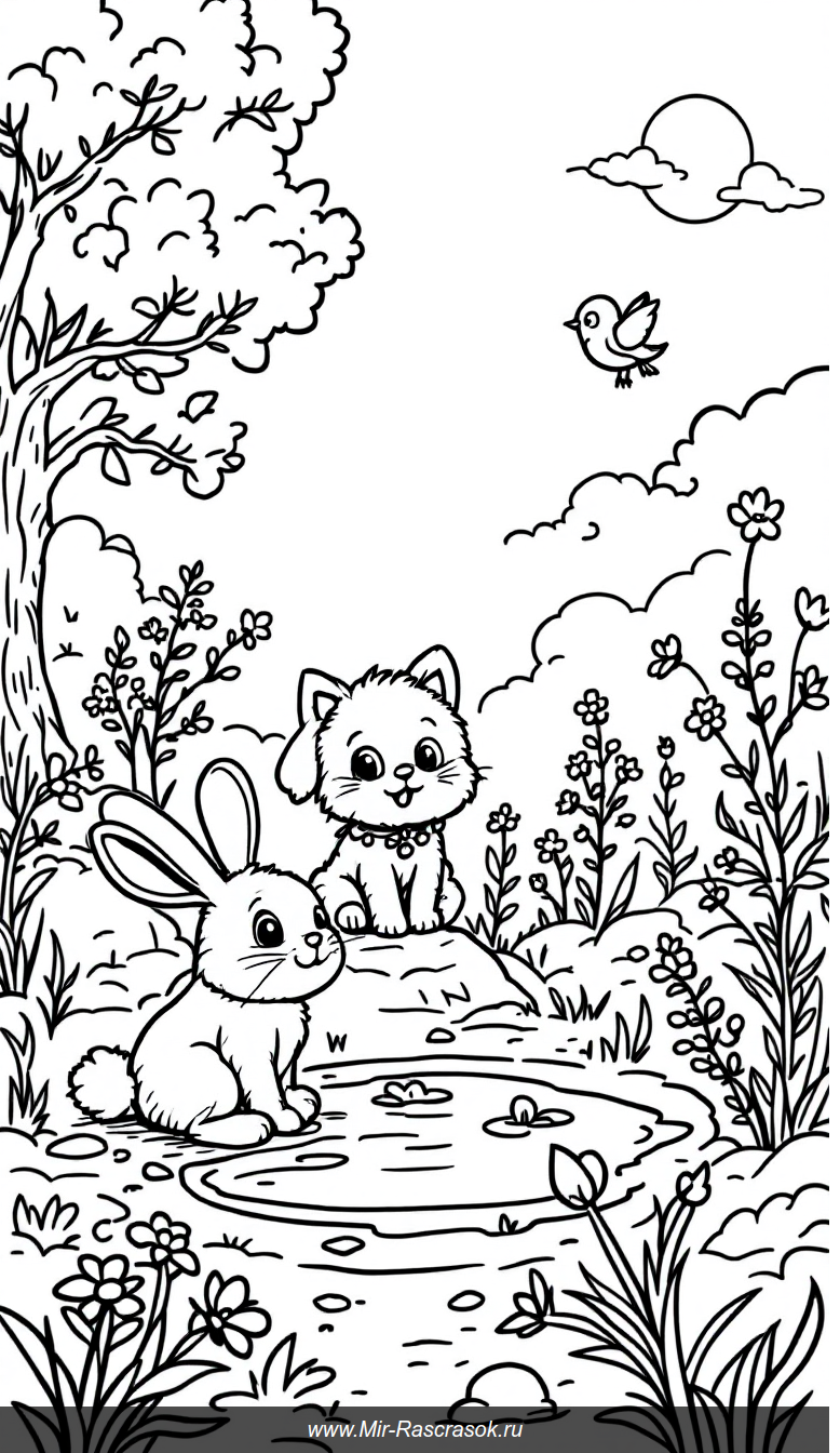 Весёлые животные на солнечной поляне для раскрашивания