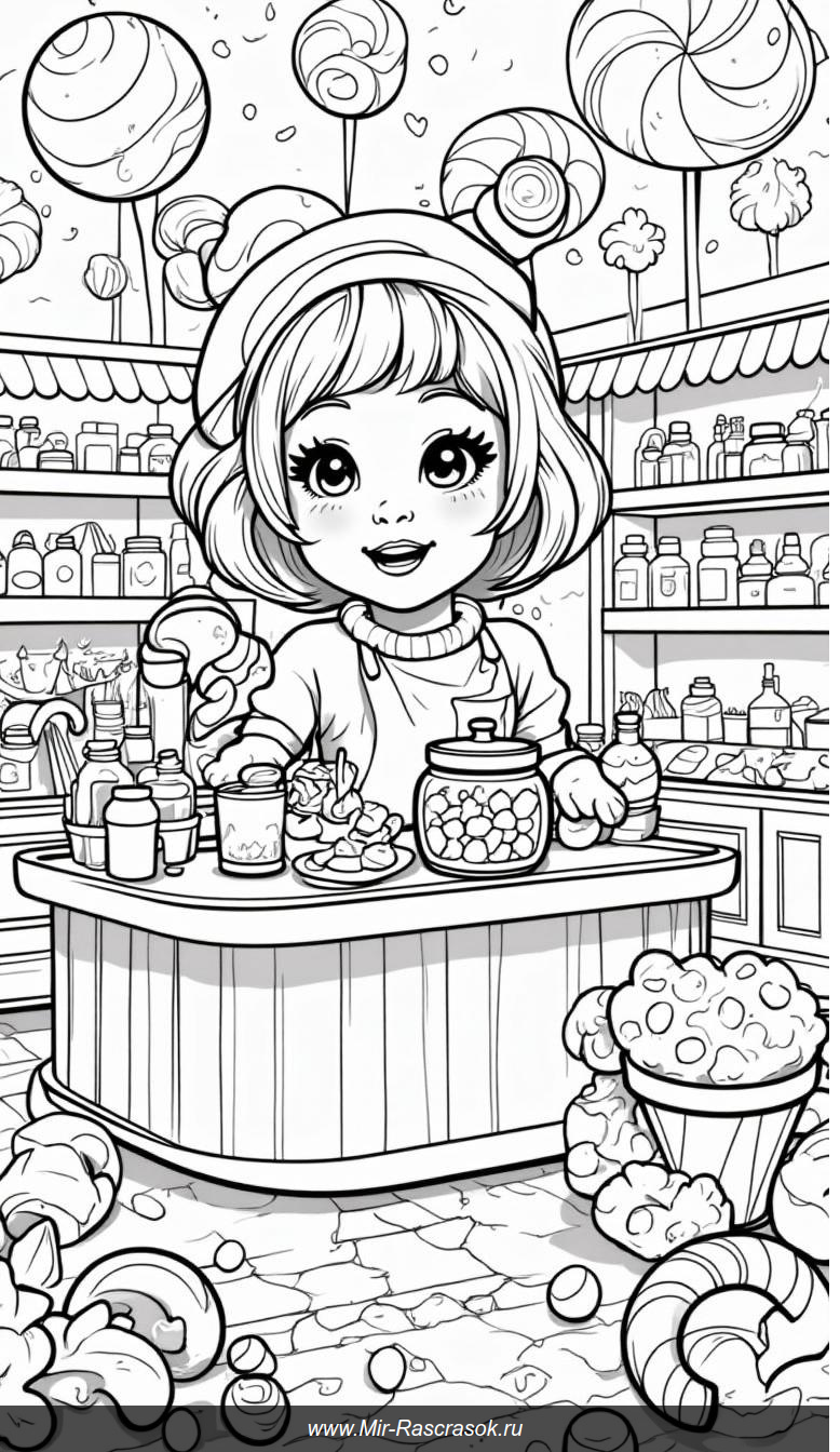 Весёлая кондитерская раскраска с лакомствами