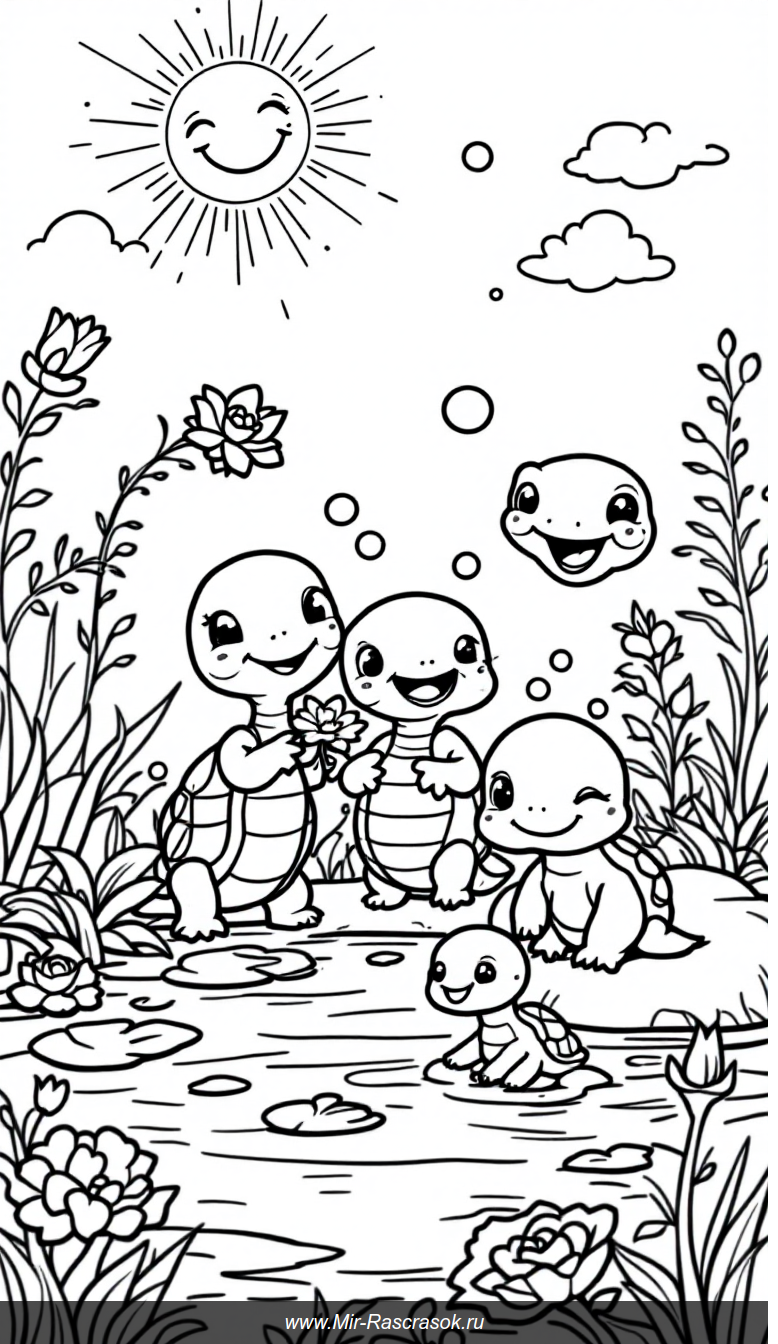 Весёлая игра черепашек у спокойного пруда раскраска для детей