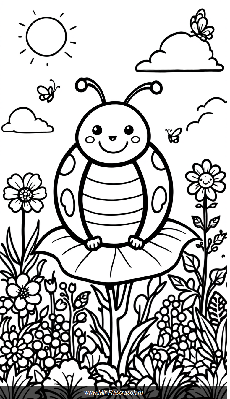 Веселый сад для раскрашивания с улыбчивой божьей коровкой