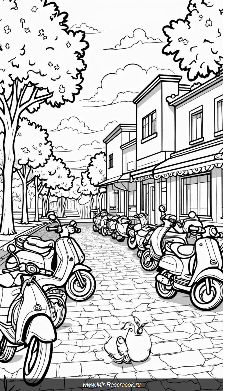 Живая уличная сцена: мотоциклы, деревья и голуби