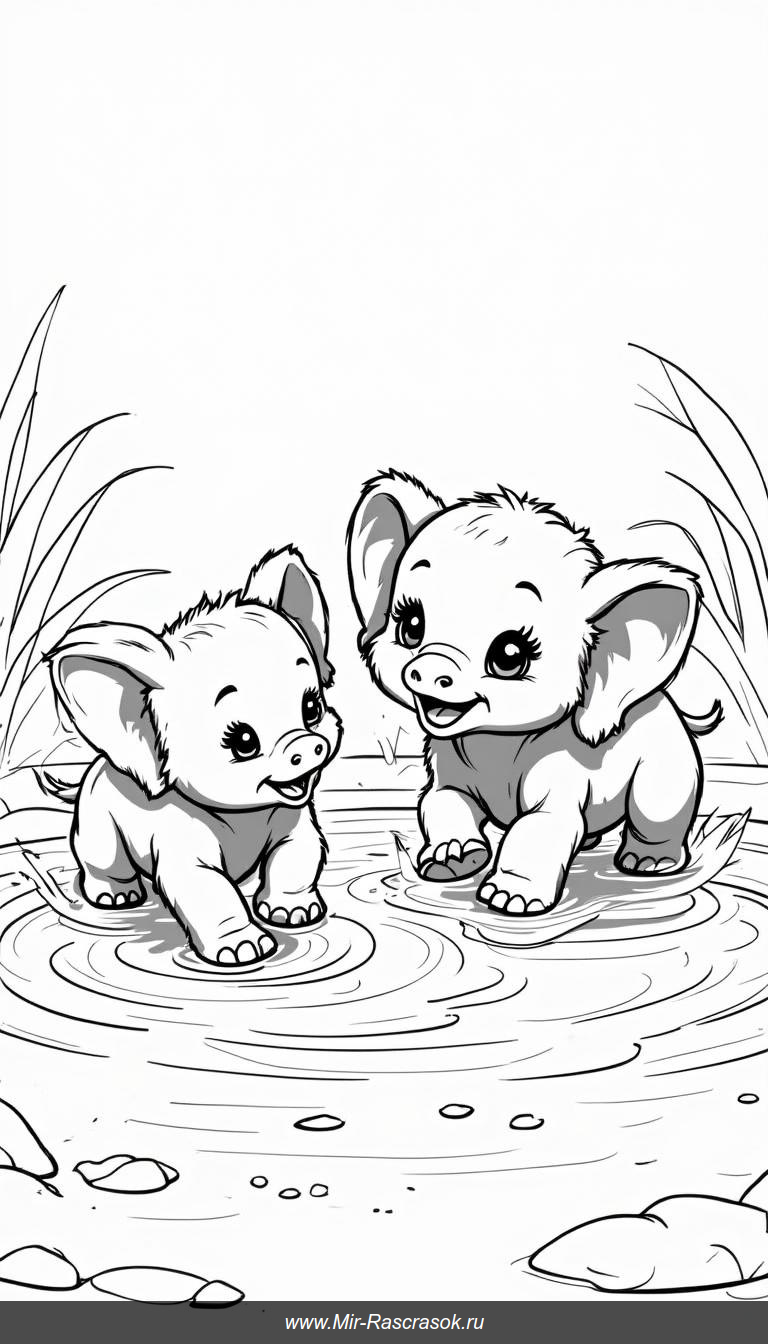 Два слонёнка резвятся в воде