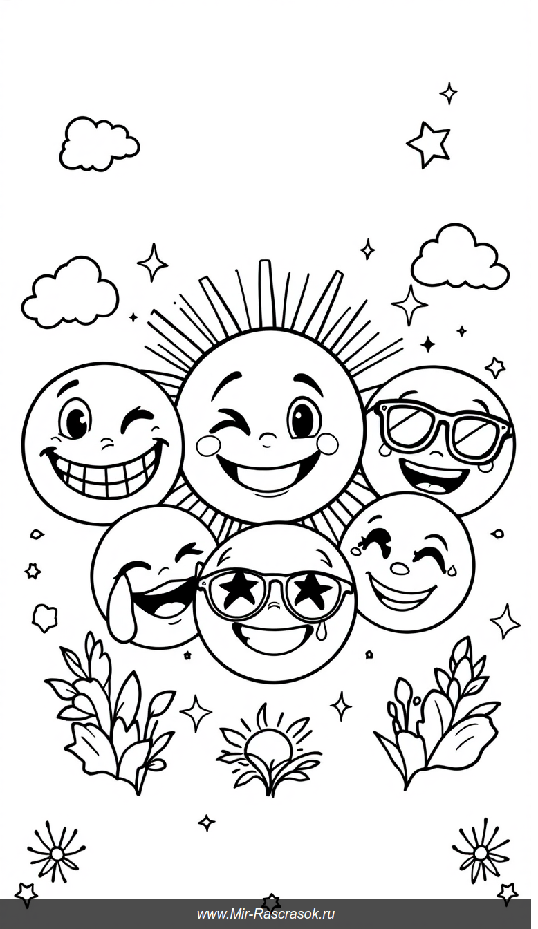 Радужный круг эмоций в раскраске с улыбающимся солнцем