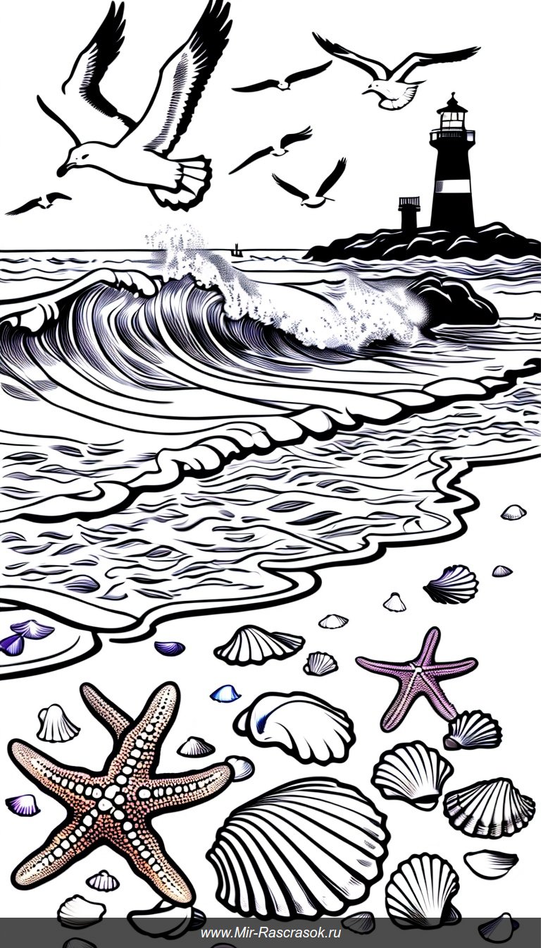 Раскраска с морскими волнами и маяком на скалистом берегу