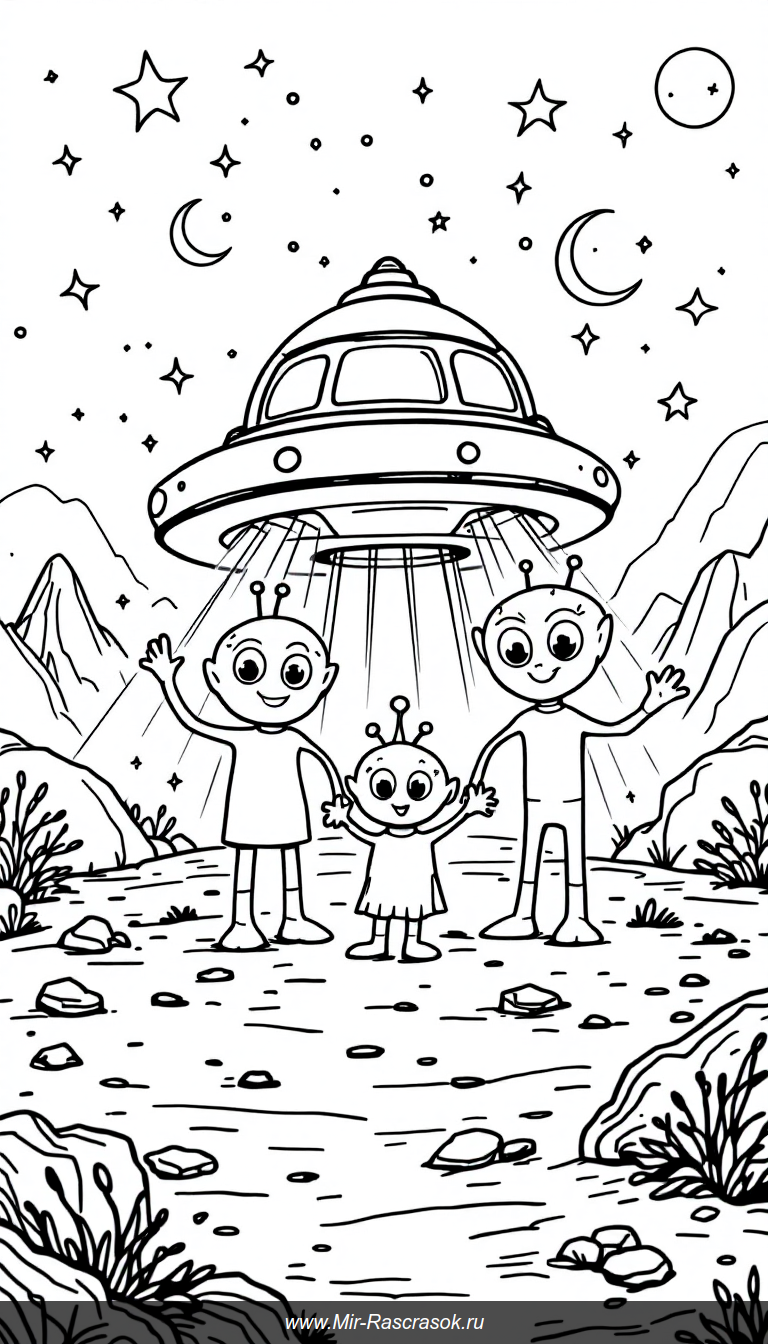 Веселая семья инопланетян у космического корабля раскраска для детей