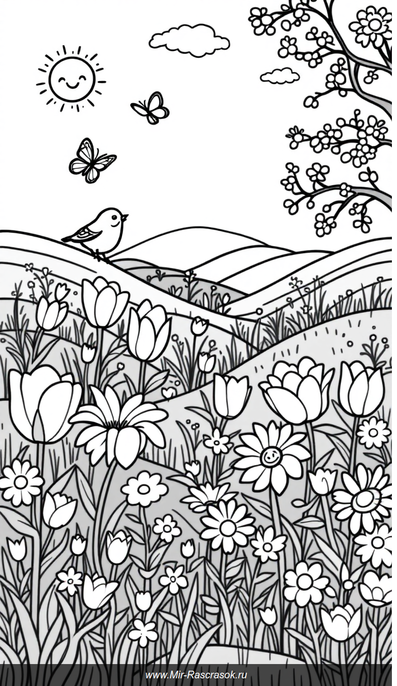 Радостный весенний сад для раскрашивания с большими цветами и бабочками