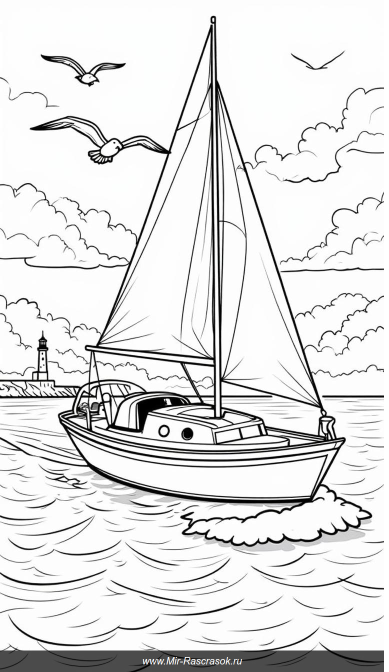 Веселый парусник в раскраске