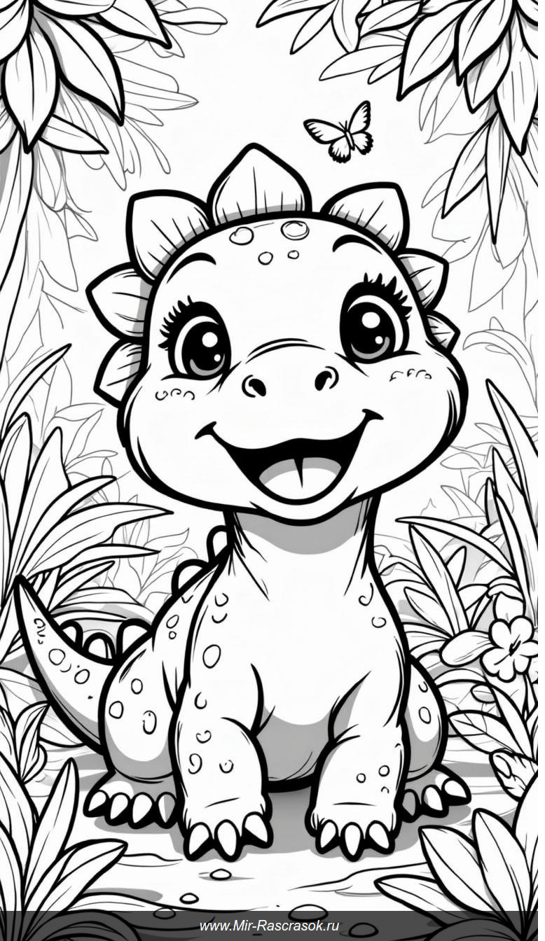 Раскраска весёлого стегозавра среди тропических растений