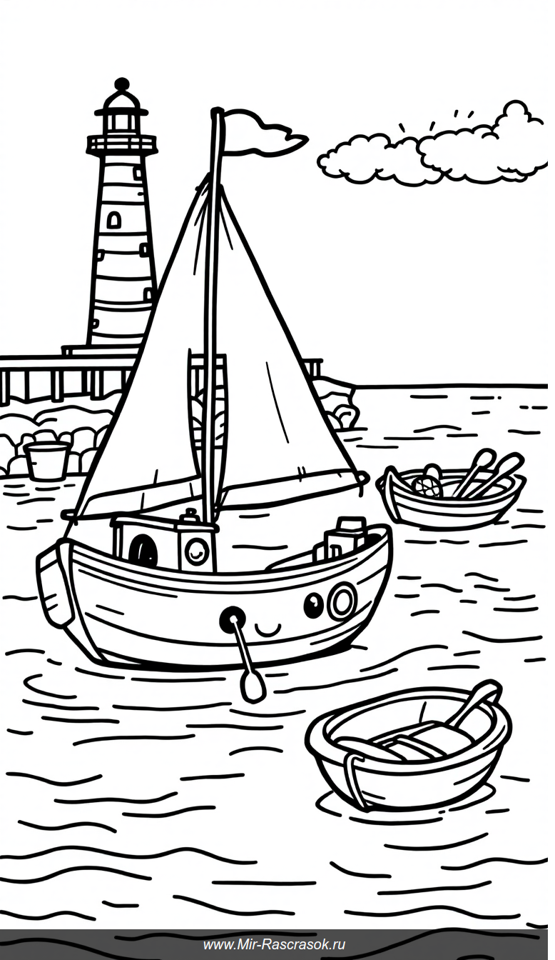 Веселая гавань: раскраска для малышей с парусником и маяком