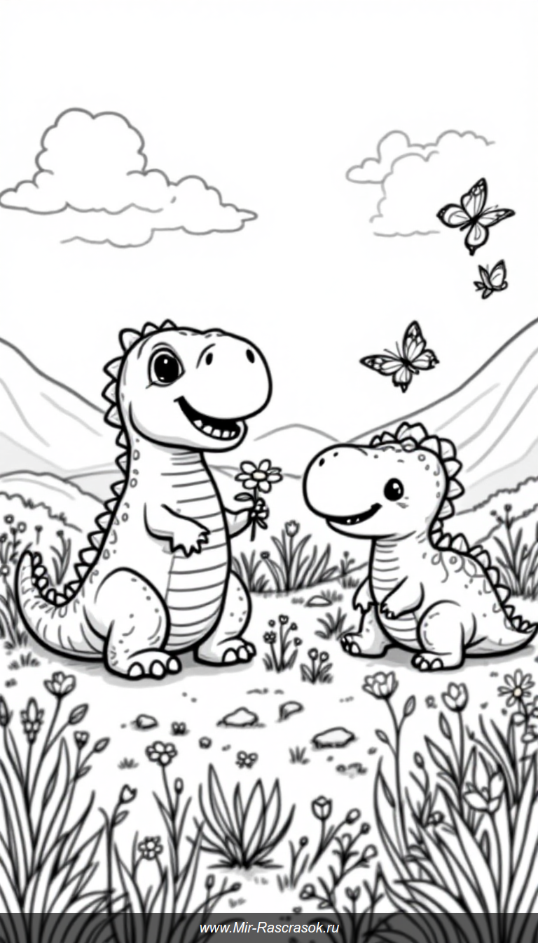 Очаровательные маленькие динозавры для раскраски