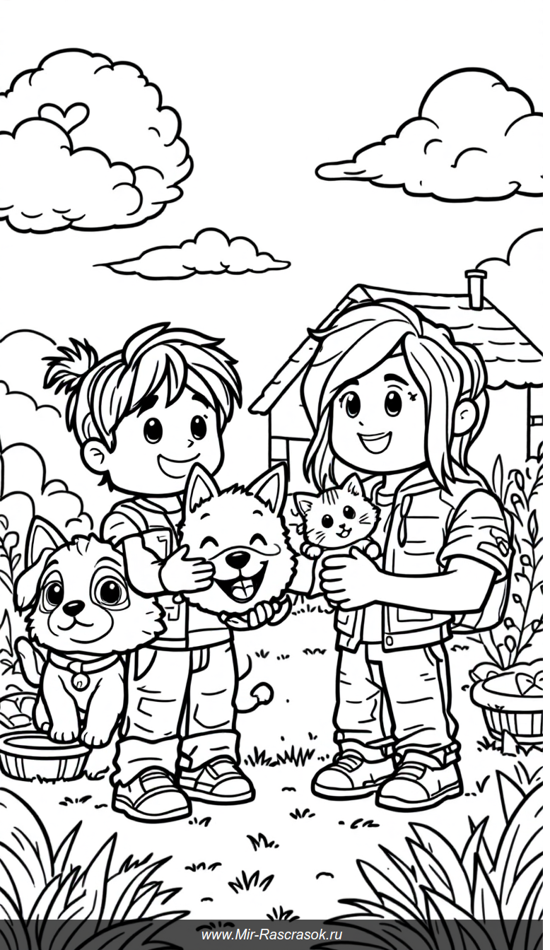 Раскраска с детьми играющими в Adopt Me и их любимыми питомцами Roblox