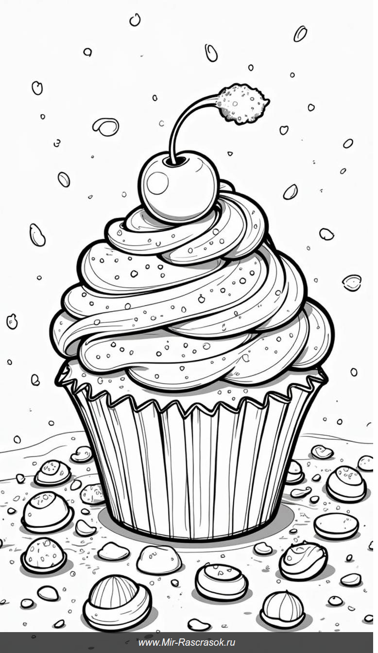 Веселый карандашный эскиз кекса с украшениями