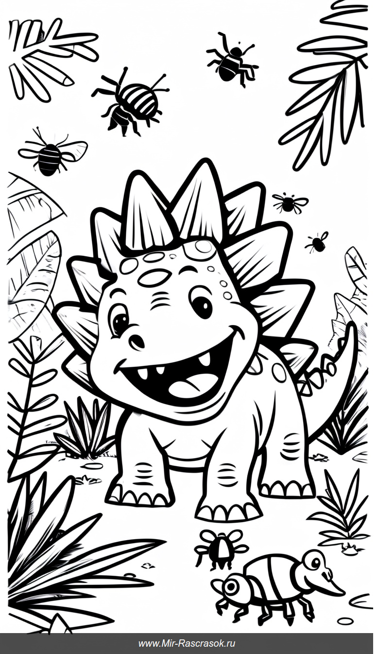 Раскраска с улыбающимся стегозавром и доисторическими растениями для детей