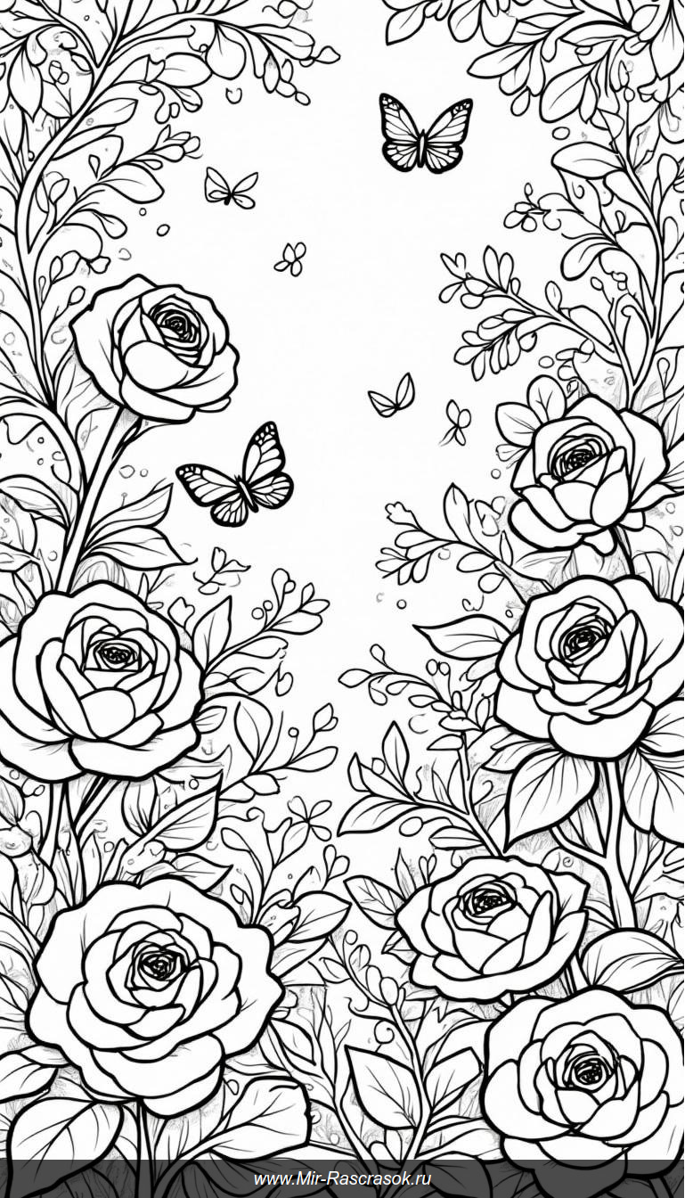 Раскраска стильного сада с красивыми розами и бабочками