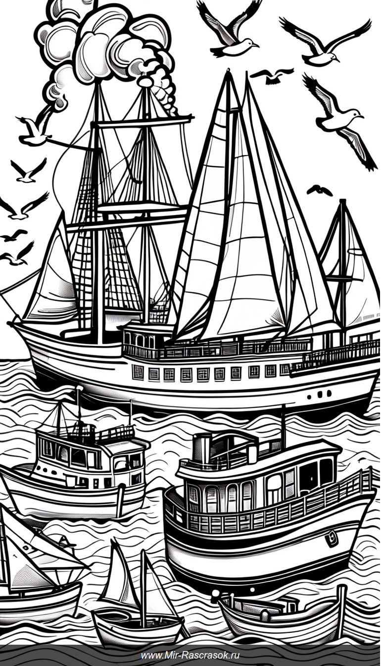 Раскраска оживленной гавани с парусниками пароходами и рыбацкими лодками