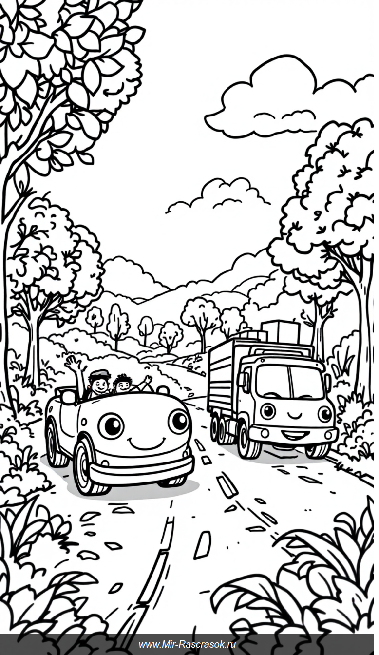 Весёлая раскраска с добрыми машинами и грузовиком на широкой дороге