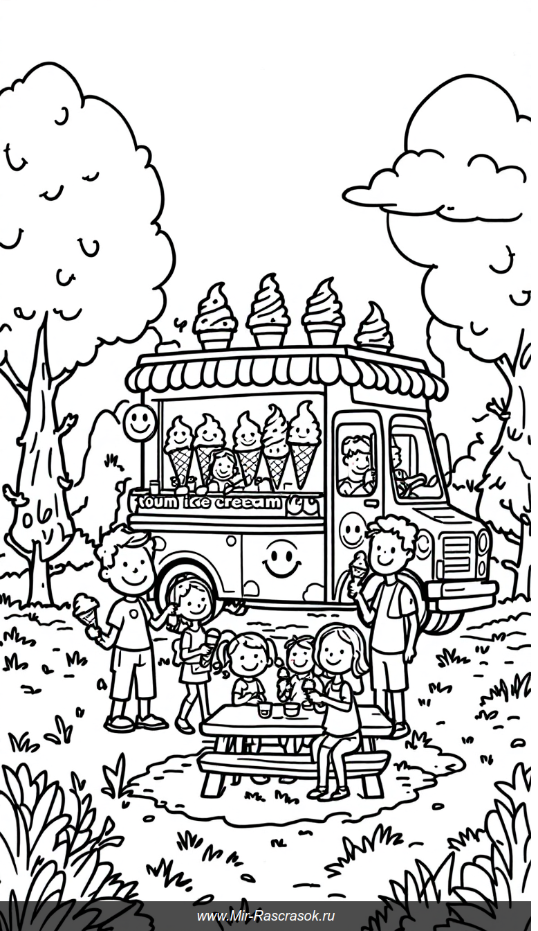 Счастливый грузовик с мороженым в парке для раскрашивания детьми