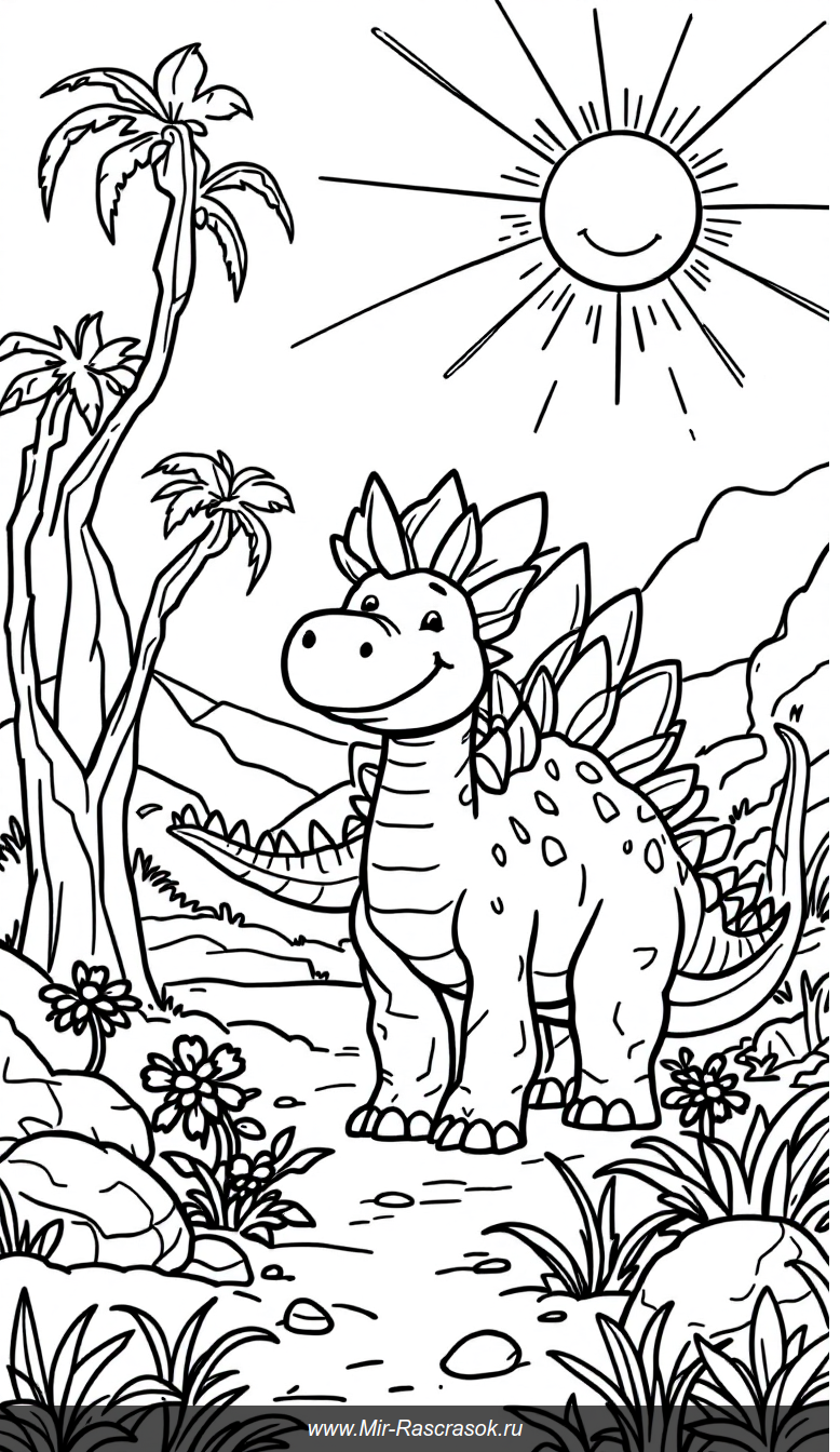 Веселый Стегозавр в доисторическом раскраске для детей