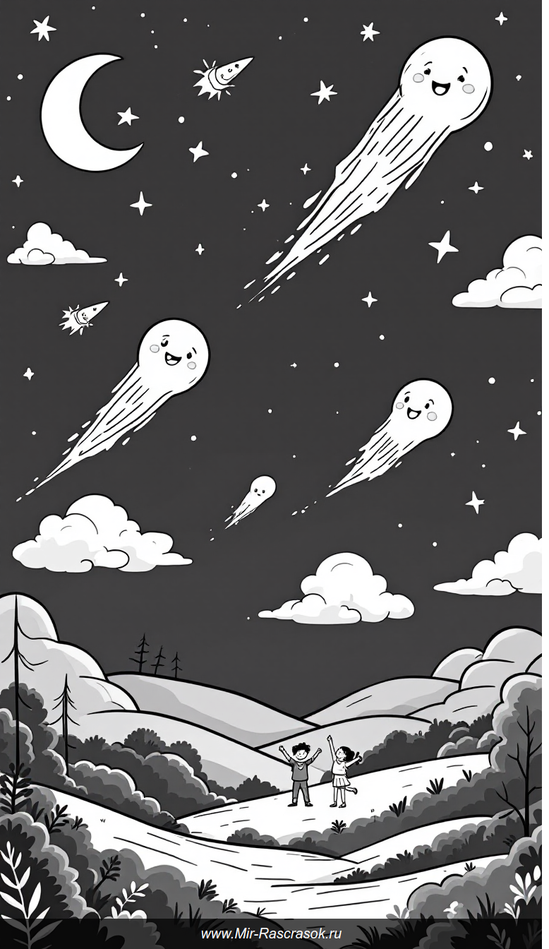 Веселое ночное небо с кометами и детьми для раскрашивания