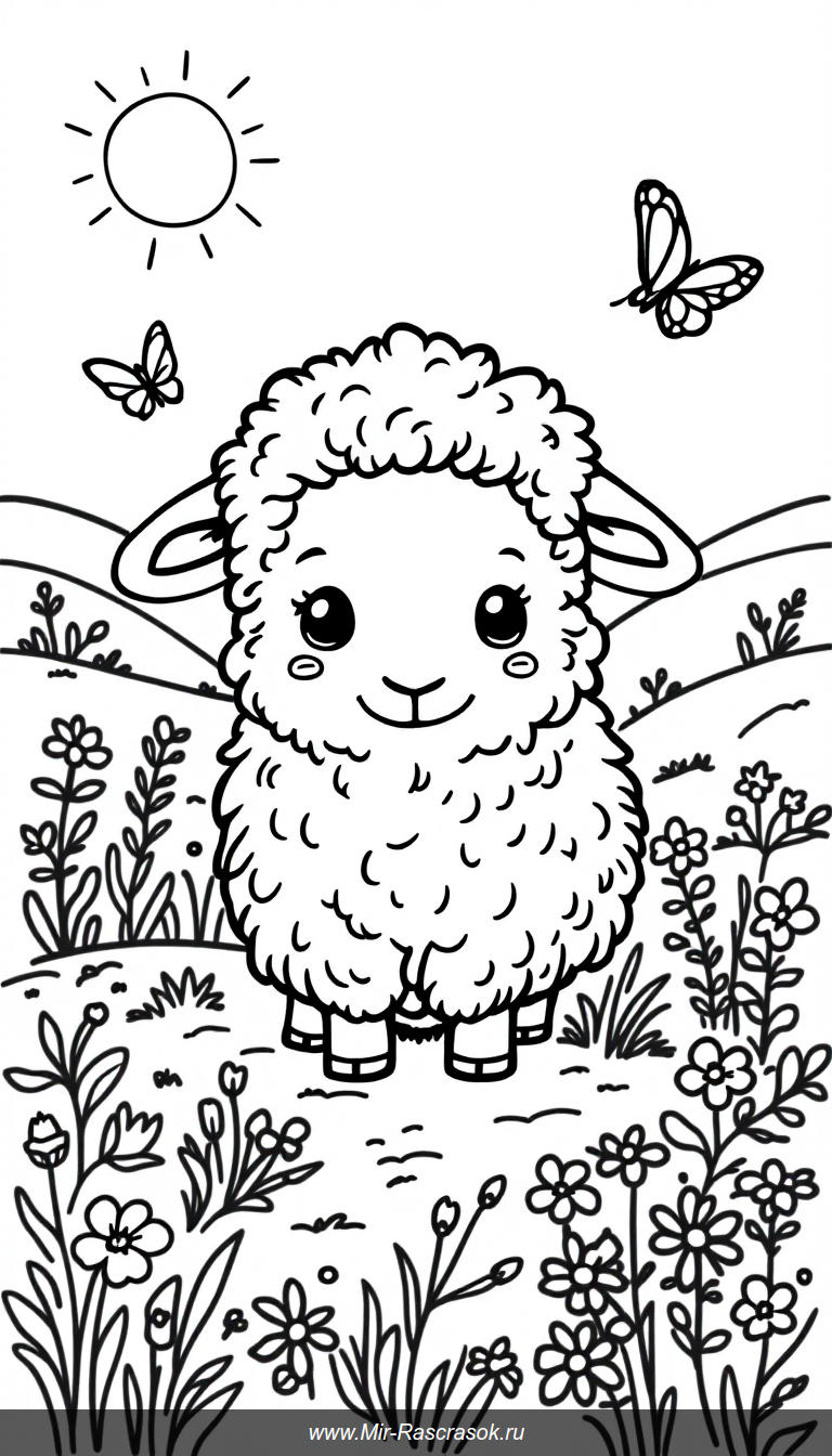Веселая пушистая овечка ждет твоих красок в этом ярком раскрась меня задании 🌞🌸 Идеально подходит для малышей и развивает творческие навыки 🎨🐑 Наслаждайся простым и дружелюбным рисунком в стиле раскраски для детей.