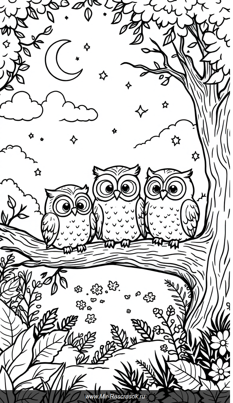 Тихий лес с тремя совами для детской раскраски